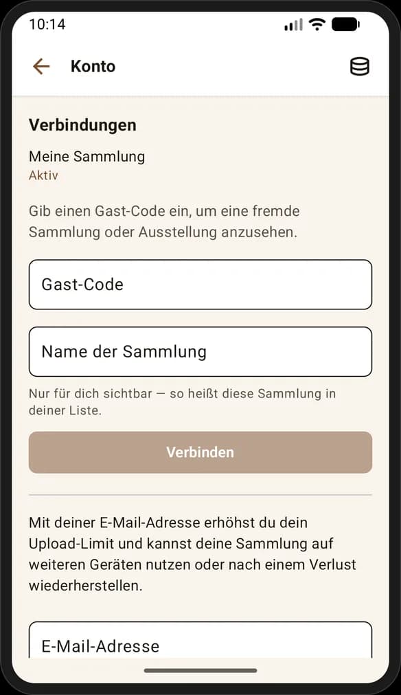 Konto-Ansicht mit Gast-Code und Verbindungen